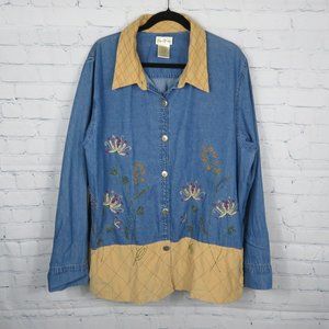 Bobbie Brooks Women Blue Denim Embroidered Long Sleeve Button Down Shirt 18W/20W